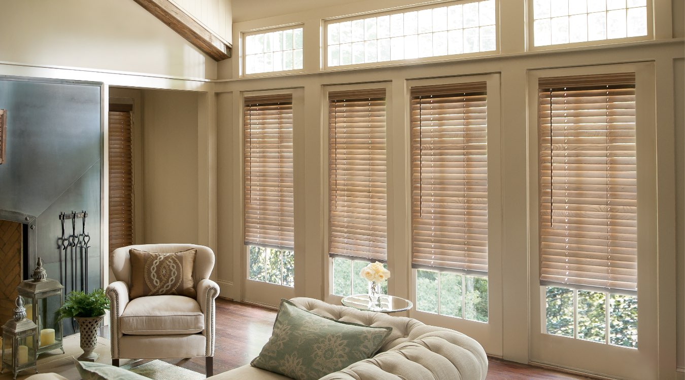 Wood blinds in family room